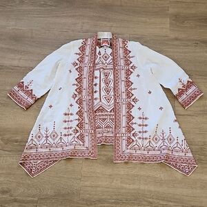 Johnny Was Linen White and Brown Embroidered Open Cardigan Size Small